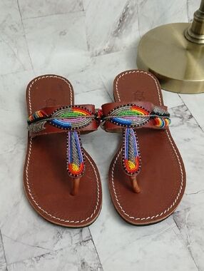 Beaded Brown Leather Thong Sandals - Multicolor Accents